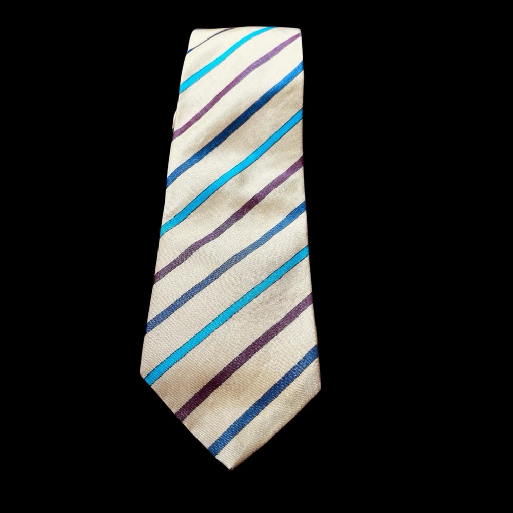 MICHELSONS of LONDON Silk Blend Yellow/Blue Striped Tie Made in England 53x3”